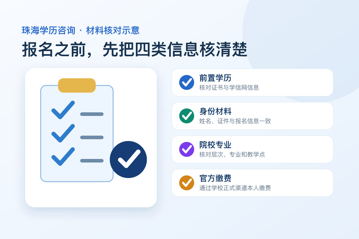 珠海学历提升报名材料和官方缴费核对示意